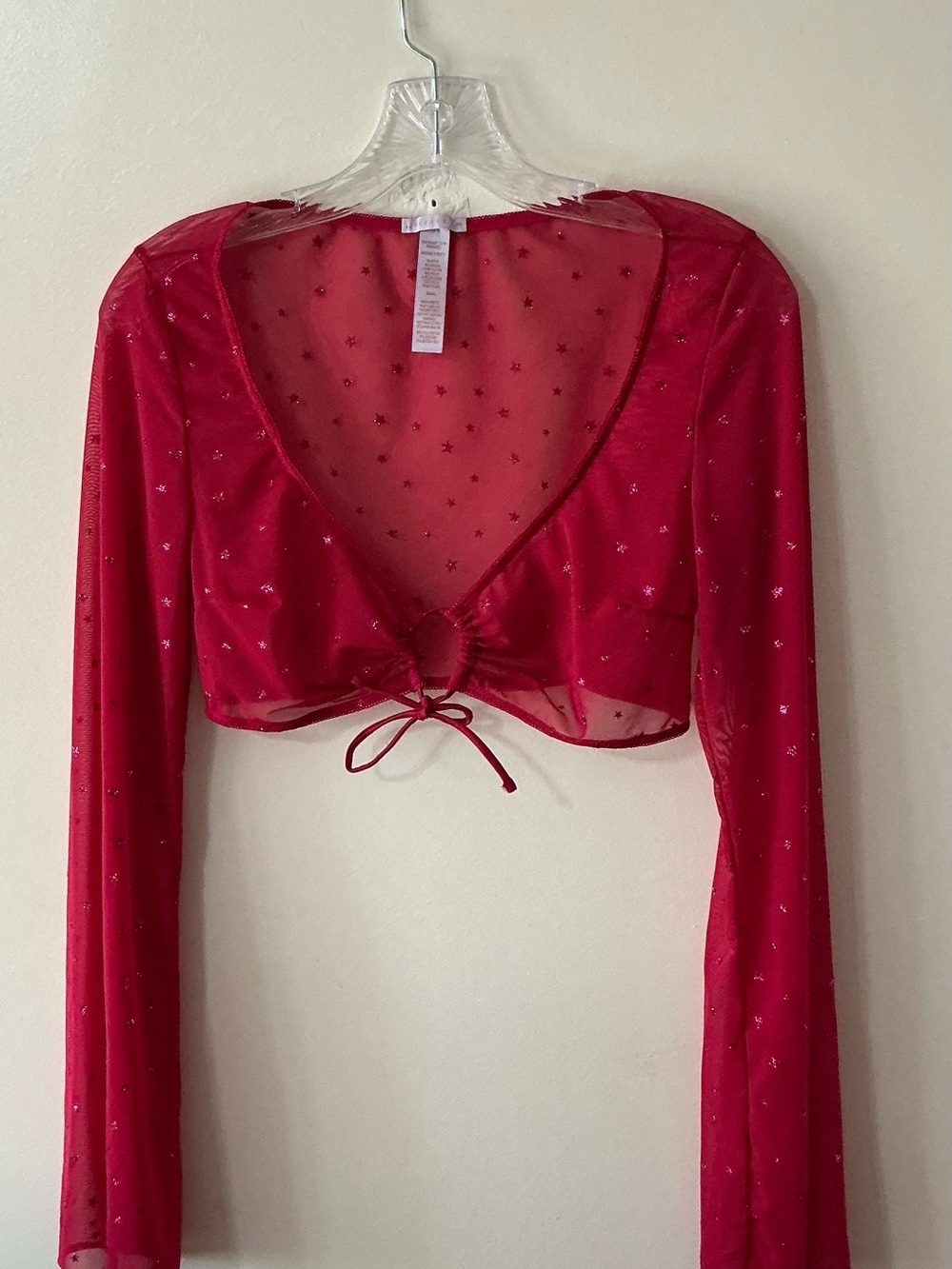 Savage X Fenty Red Sheer Star Mesh Crop Top with Tie Detail